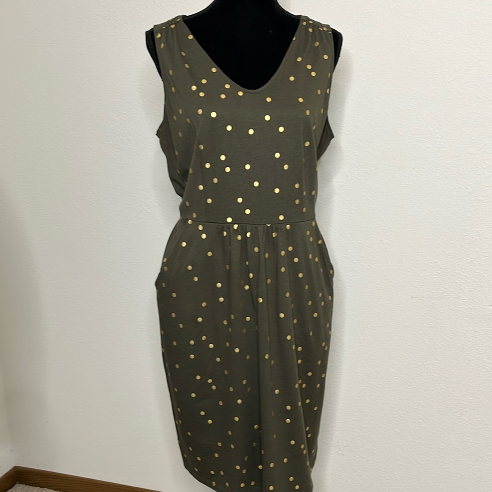 Boden size 12R Melinda Stretch Jersey Knit Sleeveless Dress in Khaki Foil Spot